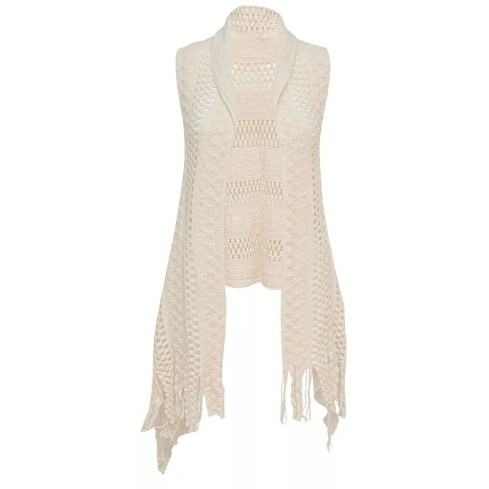 Women's Boho Sleeveless Open Front Crocheted Cardigan in Ivory, One Size